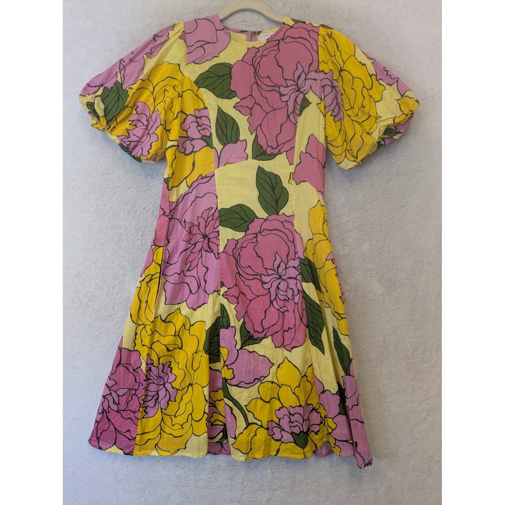 Banjanan Dress Women's Small Yellow Pink Floral Puff Sleeve Fit & Flare